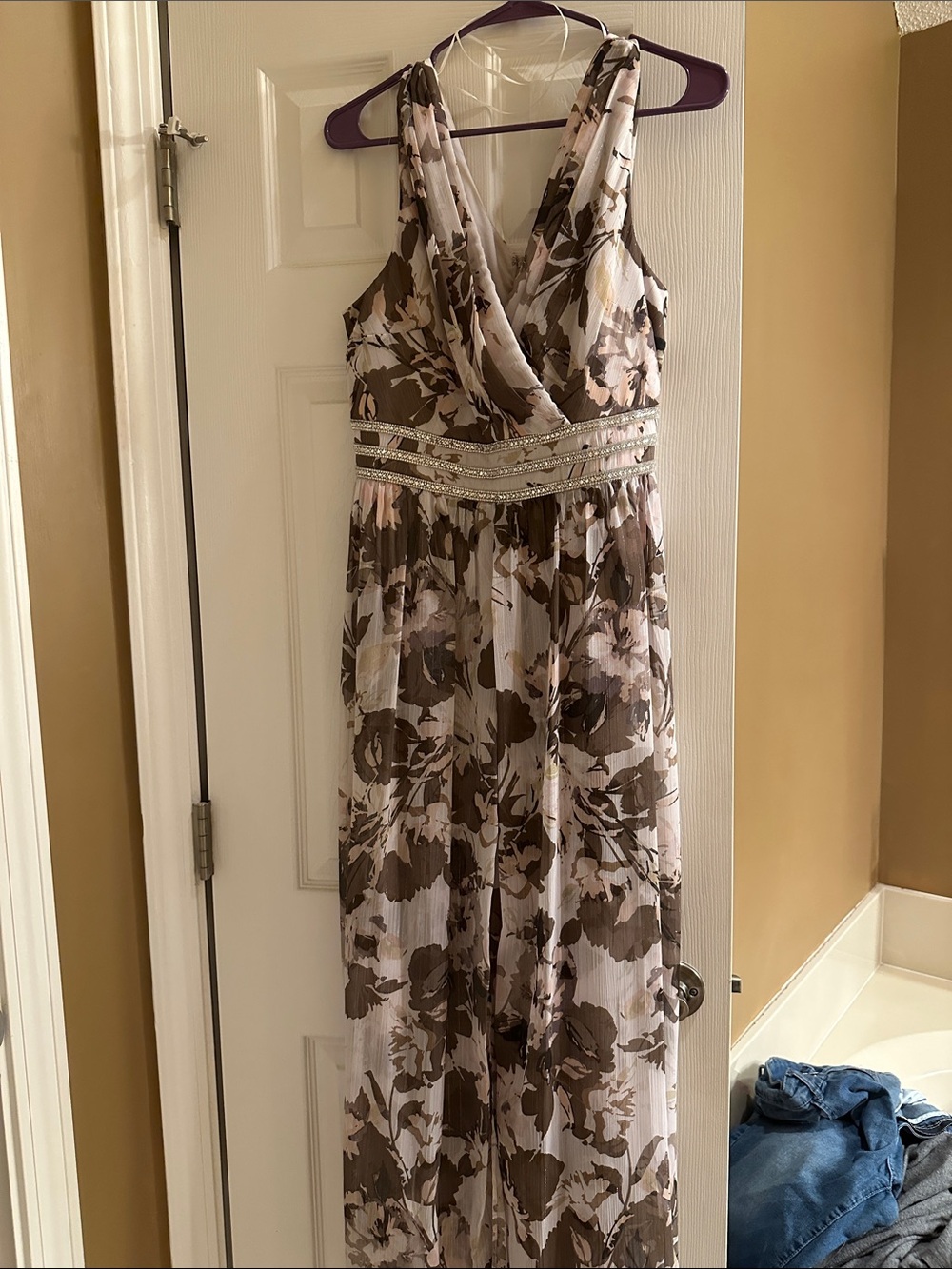 R & M Richards Floral Maxi Dress in Taupe and Blush